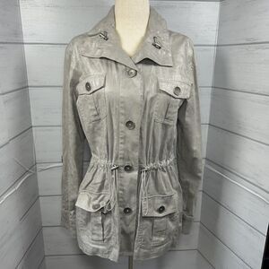 Chico's Ginette Women's Delicate Shimmer Utility Jacket 3/4 Sleeve Silver Size 1